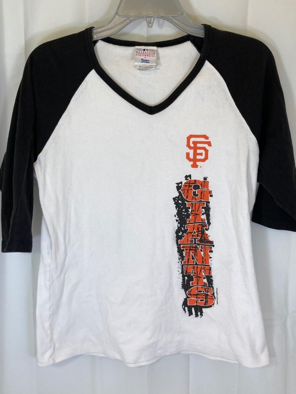 San Francisco Giants Women 3/4 Sleeve Shirt Sz XL Black White Orange V Neck